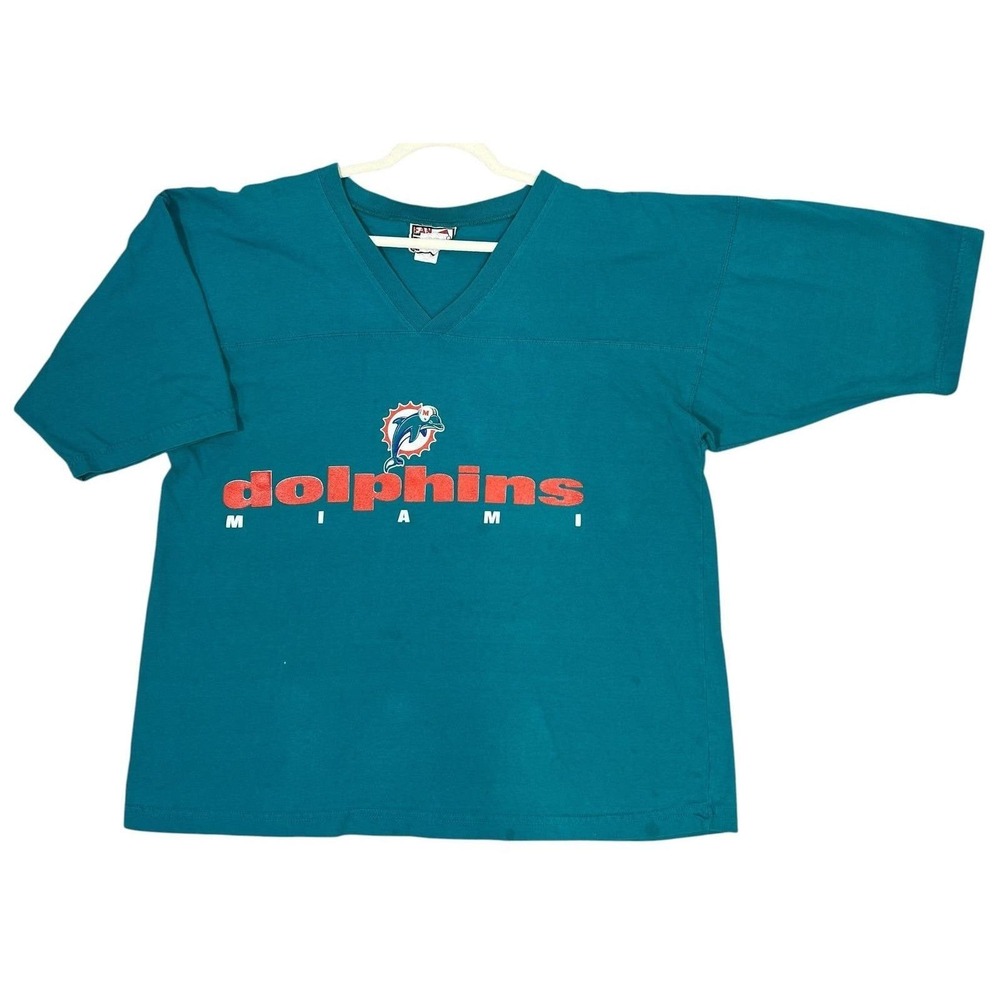 True Fan Miami Dolphins T-Shirt Large Teal Vintage 90s NFL V-Neck Jersey Graphic